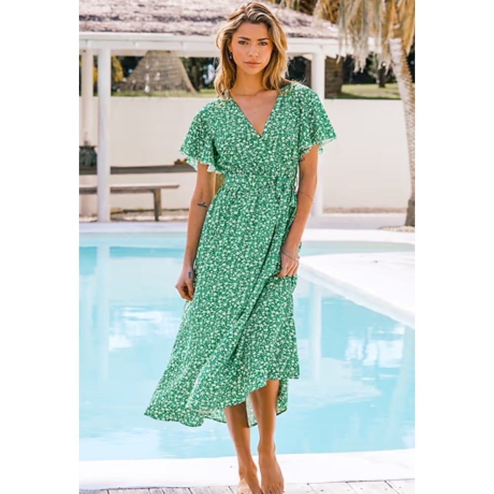 Ditsy Green Floral Print Smocked Maxi Dress MEDIUM NWT